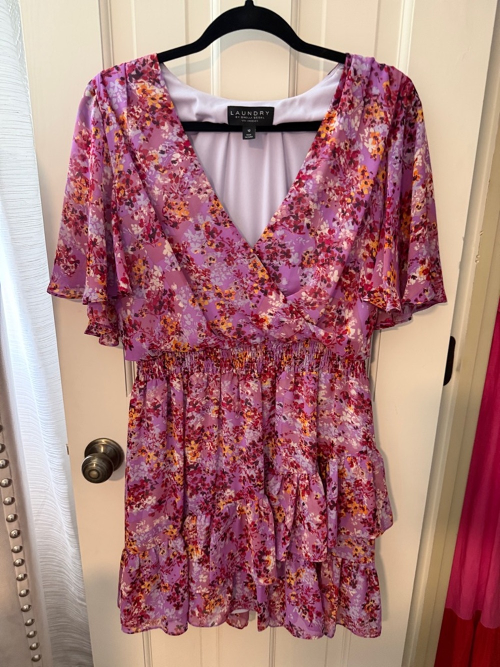 Laundry By Shelli Segal Lavender and Yellow Floral Wrap Mini Dress